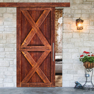 Rustic Ranch Barn Door with Saw Pattern, 32"x84", Tropical Timber Solid Wood
