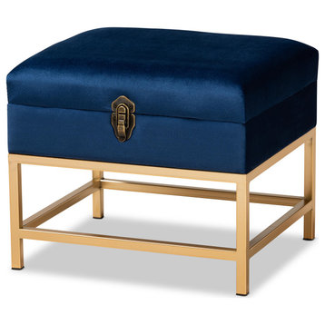 Aliana Navy Blue Velvet Upholster and Gold Finished Metal Small Storage Ottoman