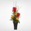 Real Touch Orange Red Tropical Protea Arrangement with Succulents in a Metal Pot