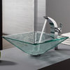 Square Clear Glass Vessel 19mm thick Bathroom Sink, PU Drain, Mount Ring, Nickel