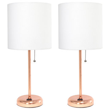 Rose Gold Stick Lamp With Charging Outlet and Fabric Shade Two Pack Set