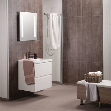 Rough wood shower and bathroom wall panels with a laminate top surface