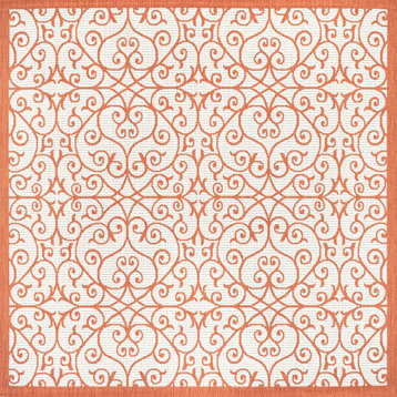 Madrid Vintage Filigree Textured Weave Indoor/Outdoor, Cream/Orange, 5' Square