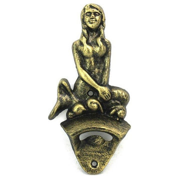 Antique Gold Cast Iron Wall Mounted Mermaid Bottle Opener 6", Nautical