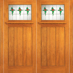 Stained Glass Mission Style, Mahogany Double Door, Two Full Sidelites - Front Doors