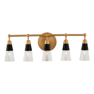 5 Light Midcentury Vanity by Kalco, Matte Black With New Brass, 8"