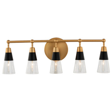 5 Light Midcentury Vanity by Kalco, Matte Black With New Brass, 8"