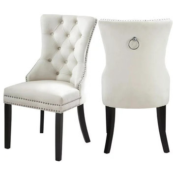 Set of 2 Dining Chair, Plush Velvet Seat & Button Tufted Hourglass Back, Cream