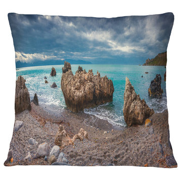 Blue Volcanic Beach Seashore Photography Throw Pillow, 18"x18"