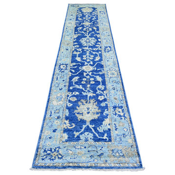 Blue, Wool Hand Knotted, Afghan Angora Oushak Runner Oriental Rug, 2'9"x12'