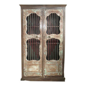 Mogul Interior - Consigned Antique Mogul Iron Jali Doors Cabinet Cupboard Reclaimed Wood Armoire - Armoires And Wardrobes
