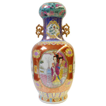Chinese Red Multi-Color People Scenery Round Porcelain Vase