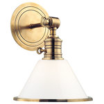 Hudson Valley Lighting - Garden City 1-Light Wall Sconce, Aged Brass, Opal - Garden City's adjustable sconces embody the tradition of ingenious American design. Restoration style shapes the industrial socket holder and rings the machined details on the cast metal backplate. We wire Garden City with an on/off switch, making it ideal for a bedside reading lamp or as a replacement fixture in historic homes that lack a separate wall switch.