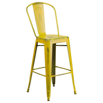 Pemberly Row 30" Metal Curved Slat Back Bar Stool in Distressed Yellow