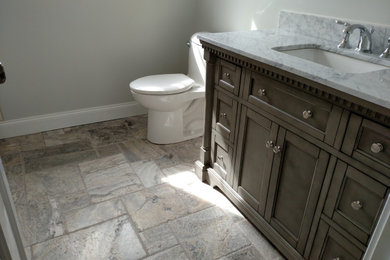 Bathroom - mid-sized transitional kids' single-sink bathroom idea in New York with gray cabinets and a freestanding vanity