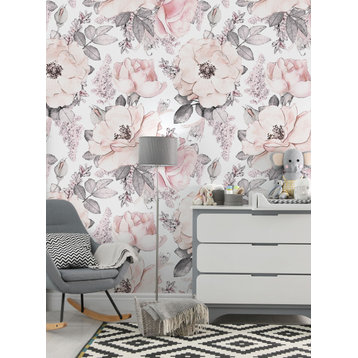 Blush Flower Mural Peel and Stick Vinyl Wallpaper, Pink, 24"w X 108"h, Single Sheet