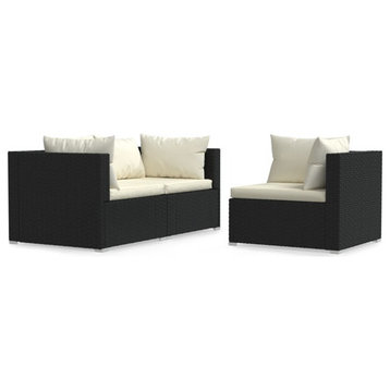 vidaXL Patio Sectional Sofa 3 Piece Outdoor Sofa with Cushions PE Rattan Black
