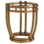 Tommy Bahama Home - Turtle Beach End Table - The use of natural materials is elevated when placed in an artist's hand. The curved rattan with leather bindings creates an attractive frame visible through the tempered inset glass top. To complete the look, we have added antique brass caps as a finishing touch.