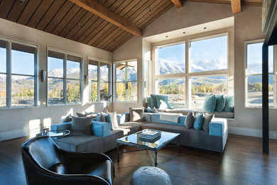 Mid-sized minimalist formal and enclosed dark wood floor living room photo in Denver with beige walls