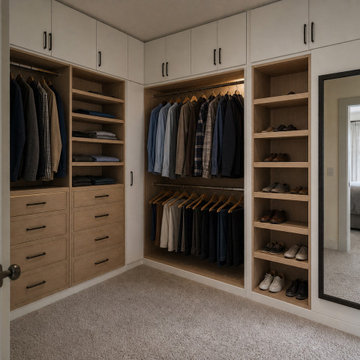 Warm-White and Oak Walk-In Closet With a Clear Aisle