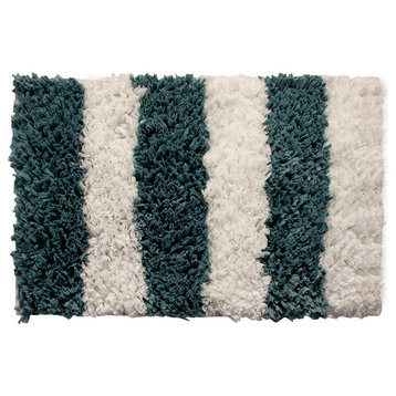 Bath Rug Polyester/Viscose/Cotton Hand Loom Woven, 34"x21", White and Blue