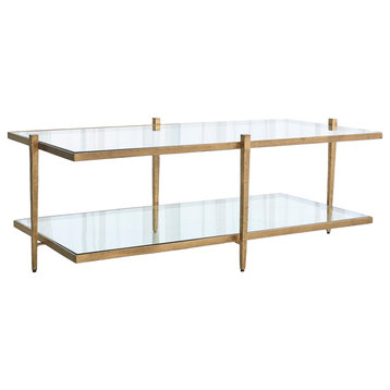 Minimalist 2 Tiered Gold Iron Coffee Table  Simple Glass Shelf Open Modern