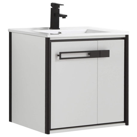 Oakville Wall Mount Bathroom Vanity, White Matte, 24", Black Hardware