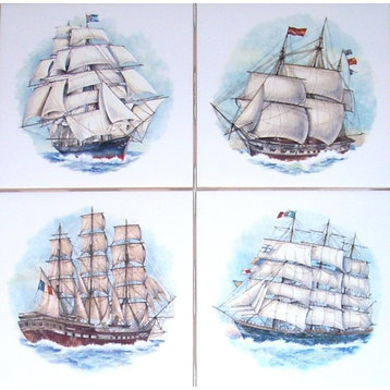 Sailing Ship Kiln Fired Ceramic Accent Tiles Nautical Decor, 4-Piece Set