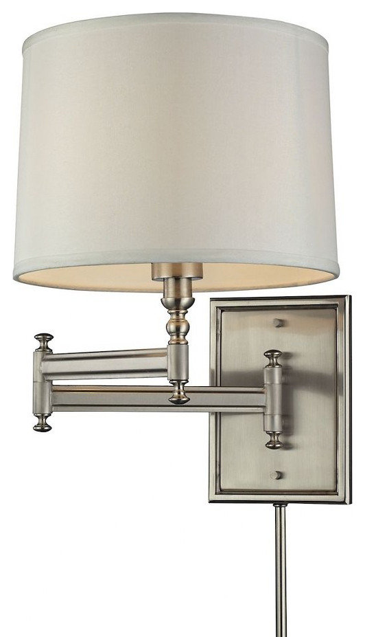 1Light Swingarm Wall Lamp In Brushed Nickel White Fabric Shade White