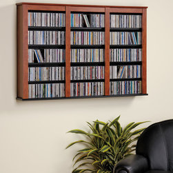Prepac Floating Wall Triple Media Storage in Cherry and Black - Media Racks And Towers