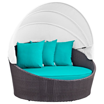 Convene Canopy Outdoor Wicker Rattan Daybed, Espresso Turquoise