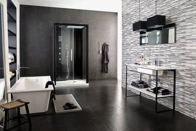 Bathroom - mid-sized transitional master black tile and matchstick tile ceramic tile and black floor bathroom idea in Sacramento with open cabinets, black cabinets, black walls, an integrated sink and solid surface countertops