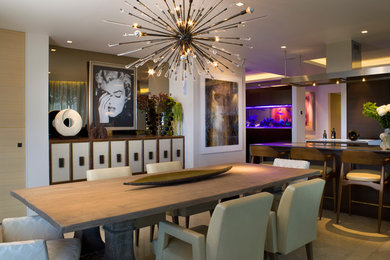 Inspiration for a contemporary kitchen/dining room combo remodel in Miami with white walls and no fireplace