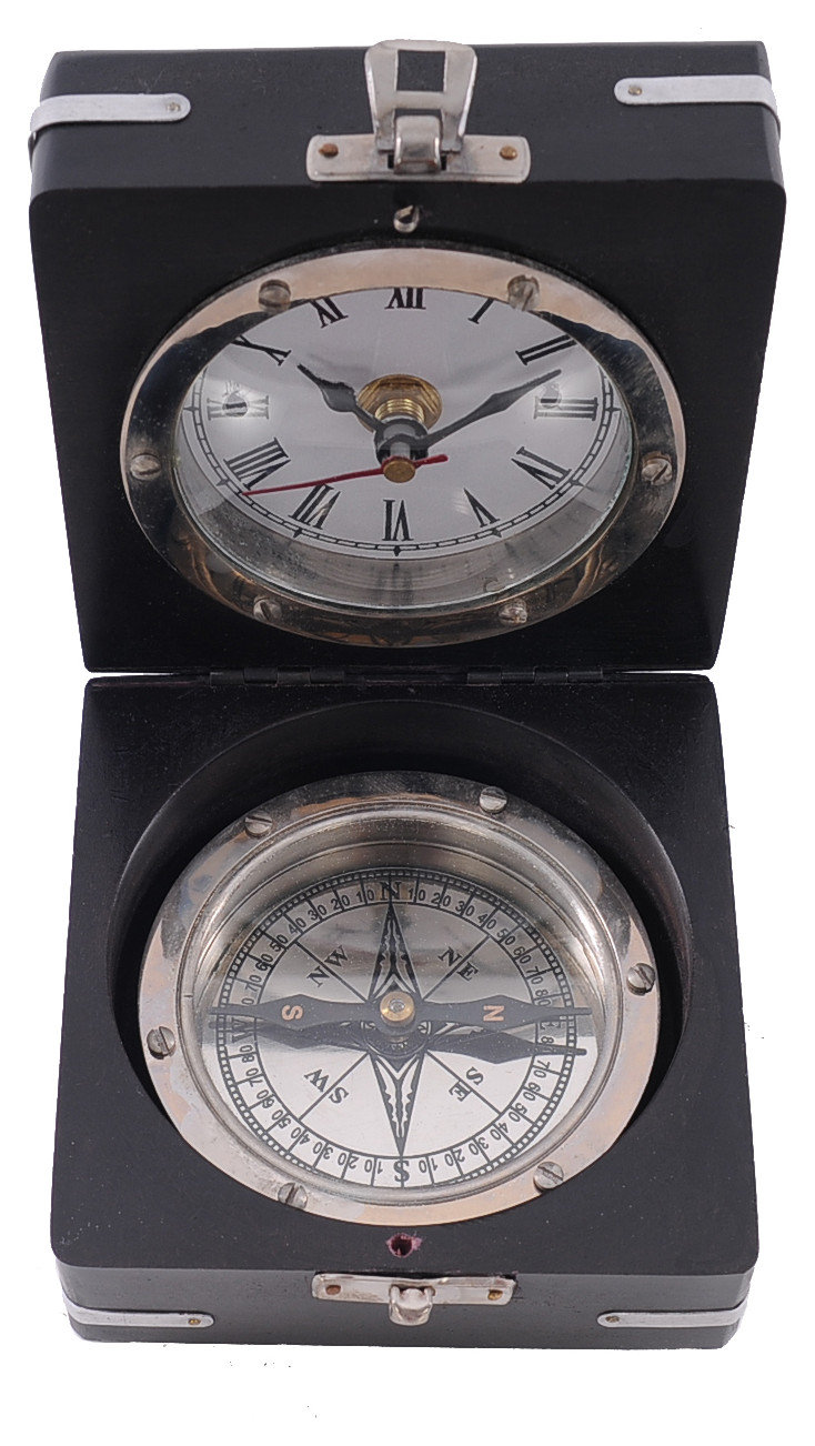 Brass Compass And Clock With Wooden Case - Transitional - Desk And ...