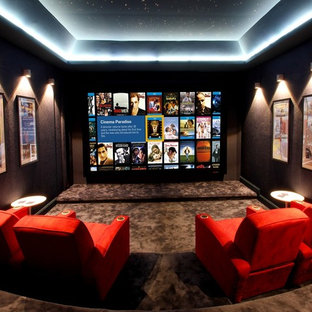 Inspiration for a contemporary home cinema in Salt Lake City with carpet.