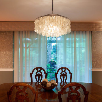 Dining Room with Custom Tufted Upholstered Cornice with Sheer Drapes