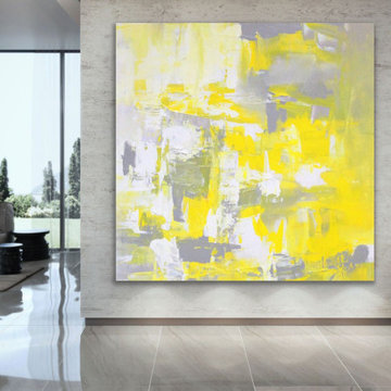 48x48 IN yellow white abstract Art oversized Modern Painting - Sunset Glow