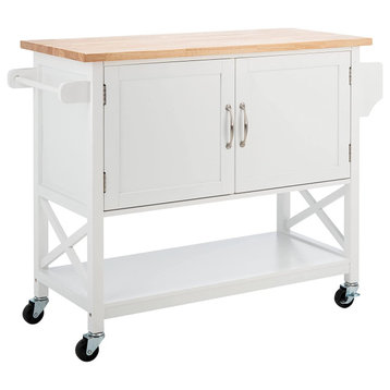 Modern Kitchen Island Cart, White Shelf & 2 Doors Cabinet With Natural Wood Top