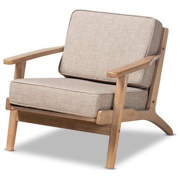 Bowery Hill Light Grey Upholstered Antique Oak Finished Wood Armchair
