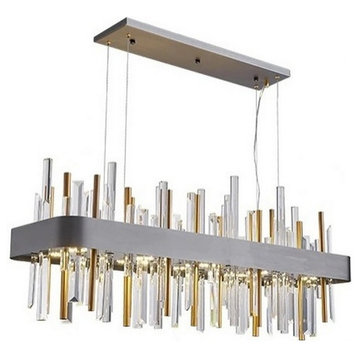 Gold/chrome rectangle crystal chandelier for dining room, kitchen island, Brushed Black, 35.4", Cool Light