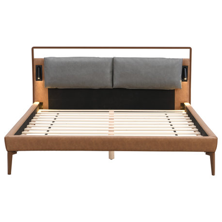 GDF Studio PU Leather Platform Bed With LED Lights, Brown/Gray, Queen