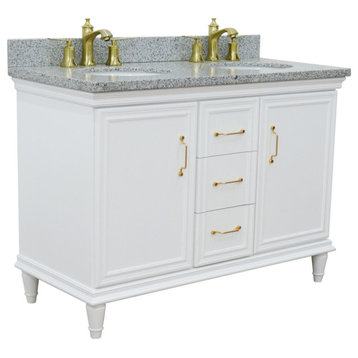 49" Double Vanity, White Finish With Gray Granite And Oval Sink