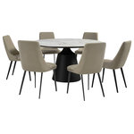 Armen Living - Knox Genesis 7 Piece Dining Set With Stone Top and Faux Leather Chairs - Enjoy an intimate meal or host a dinner party with the Knox Genesis 7 Piece Dining Set with Stone Top and Faux Leather Chairs. This set includes 1 Knox dining table and 6 Genesis dining chairs. The Genesis dining chair features a beautifully sculpted back to attain a tailored and inviting look. Perched upon slender black metal legs, the Genesis dining room chair keeps your home looking airy and spacious. Its tall back beautifully widens at the bottom to provide exceptional lumbar support and comfort. Finished off with a padded seat, our dining table chair offers a comfortable seat anywhere in your dining room, kitchen, living area, or home office. The dining chair is upholstered in UV and stain-resistant faux leather which does not crack or fade easily to offer easy maintenance. The refined and distinctive silhouette of the dining table attains a statement-making appeal in any room. It features a perfectly rounded tabletop perched upon an eye-catching pedestal base. Its sintered stone tabletop depicts the graceful and natural textures of white marble to add a polished touch to your casual or formal meals. This tabletop is resistant to etching, scratches, burns, and stains as a durable yet elegant alternative to quartz. It is perched upon a black metal base to attain contrast and a versatile appeal. The round dining table can comfortably seat up to six individuals for enjoying meals in your kitchen, dining room, or living space. A 55" round shape allows the table to function as a natural hub for conversations. The Knox Genesis dining set is available in 5 or 7 piece set configurations and features a white stone tabletop with black metal base and your choice of taupe gray or beige faux leather upholstered dining chairs.