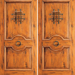 Knotty Alder Exterior Double Door, 2 Panel, Speakeasy, Door Knob - Front Doors