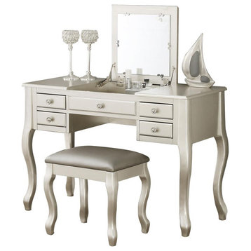 Poundex Wooden Makeup Vanity Set Desk, Mirror And Stool - Silver, 43 W X...