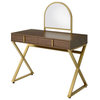 Acme Coleen Vanity Desk With Mirror and Jewelry Tray Walnut and Gold Finish