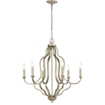 French Country Traditional Six Light Chandelier in Dusted Silver Finish