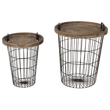 Tenby Nesting Metal and Wood Tray Basket End Tables, Rustic Brown/Black 2 piece