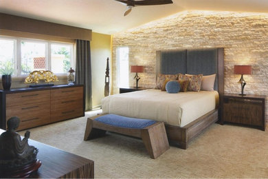 This is an example of a large contemporary master bedroom in San Diego with beige walls, carpet, no fireplace and beige floor.