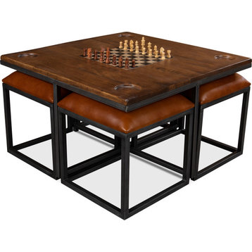 Low Game Table With Four Stools - Brown